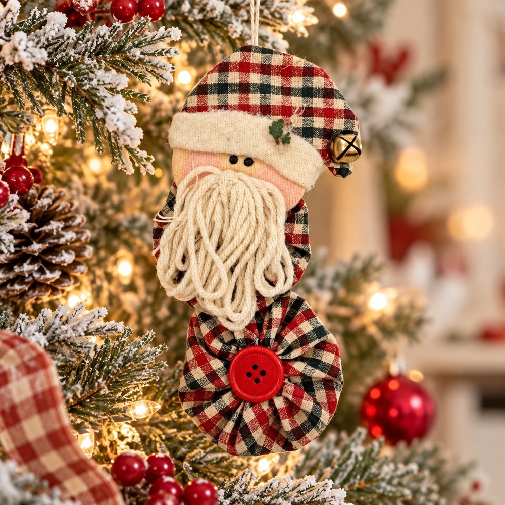 Handmade Fabric Yo-Yo Santa Christmas Ornament Red Plaid Rustic Farmhouse